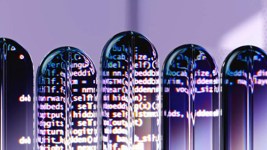 An artist's impression of artificial intelligence: three purple pill shapes with text inside.