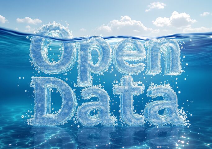 “Open Data” written in water-like bubbles, partially submerged in a blue ocean.